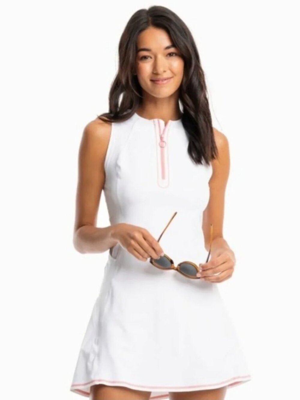 Southern Tide Brenna Zip Front Performance Dress White/Pink L